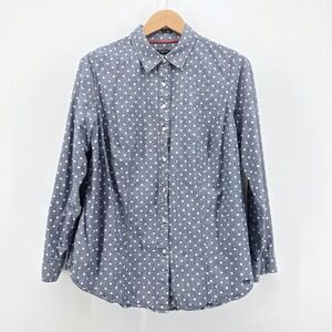Talbots Woman 14w Polka Dot Chambray Shirt Blue White 100% Cotton Roll Tabs